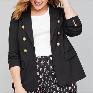 Lane Bryant The Bryant Double Breasted Ponte Black Blazer, Gold Buttons Size 16